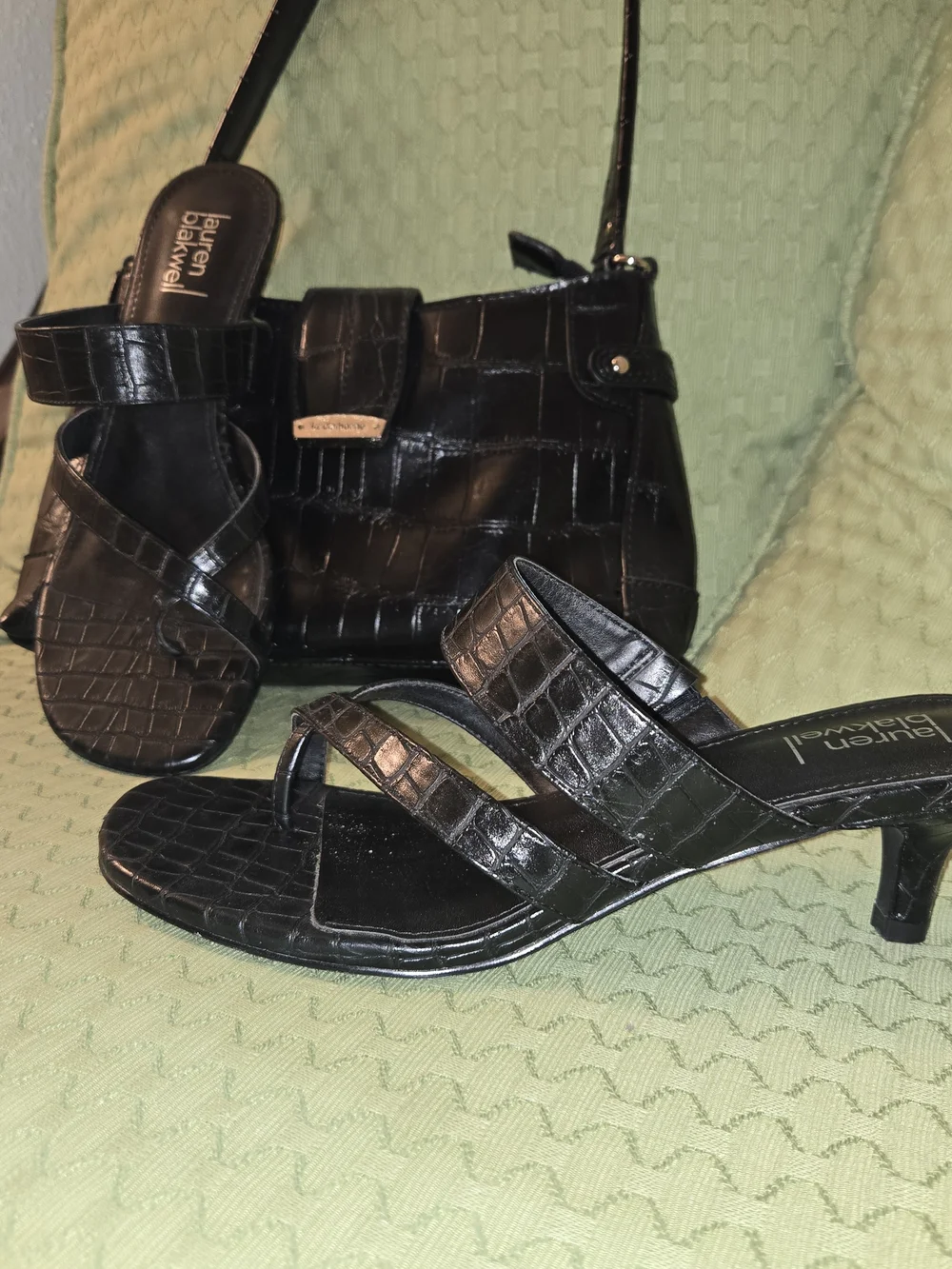Kitten Heels Black Croc-Embossed Strappy Heel Sandals